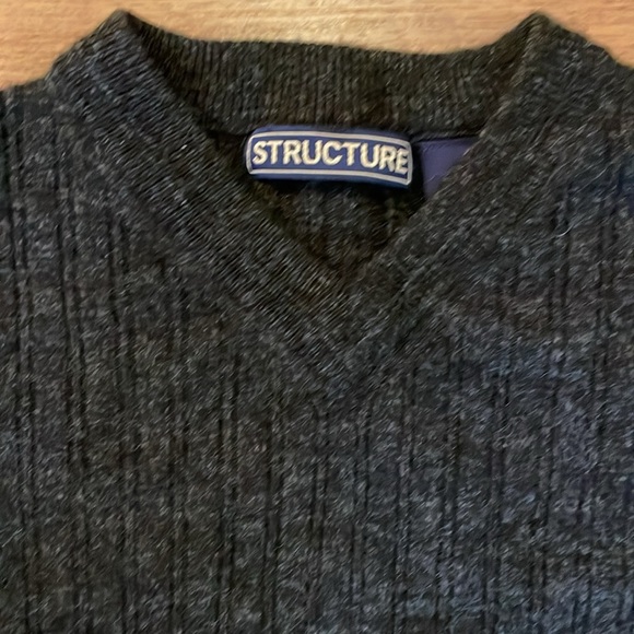 Structure Men’s Small LambsWool Blend Dark Gray Ribbed V Neck Sweater - Picture 4 of 7